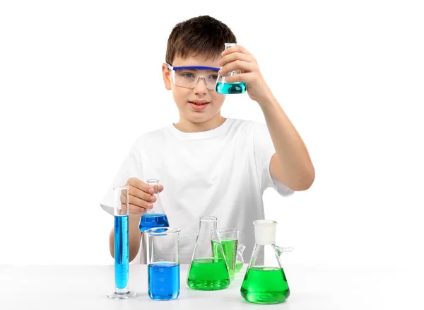 Clever Little Boy Doing Chemical Experiments Isolated White — Stock Photo, Image