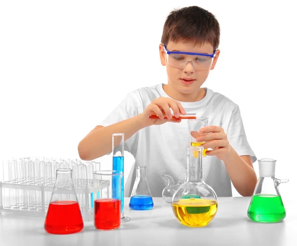 Clever Little Boy Doing Chemical Experiments Isolated White — Stock Photo, Image