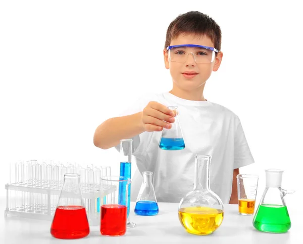 Clever Little Boy Doing Chemical Experiments Isolated White — Stock Photo, Image