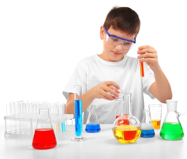 Clever Little Boy Doing Chemical Experiments Isolated White — Stock Photo, Image