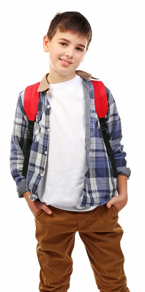 Netter Kleiner Junge Mit Rotem Rucksack Isoliert Auf Weißem Hintergrund — Stockfoto