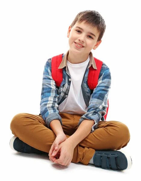 Cute Little Boy Red Backpack Isolated White — Stock Photo, Image