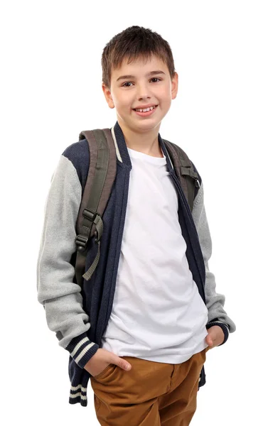 Lindo Niño Pequeño Con Mochila Gris Aislado Blanco — Foto de Stock