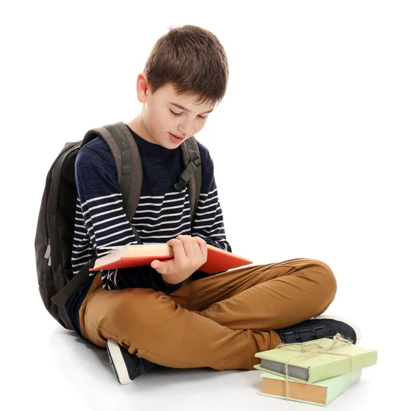 Cute Little Boy Grey Backpack Reading Books Isolated White — Stock Photo, Image