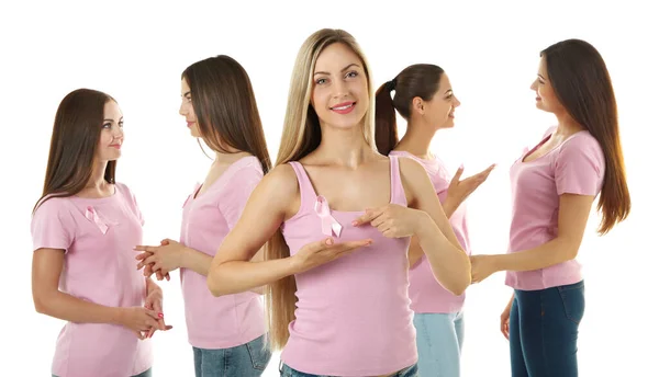 Beautiful Young Women Pink Shirts White Background Breast Cancer Concept — Stock Photo, Image