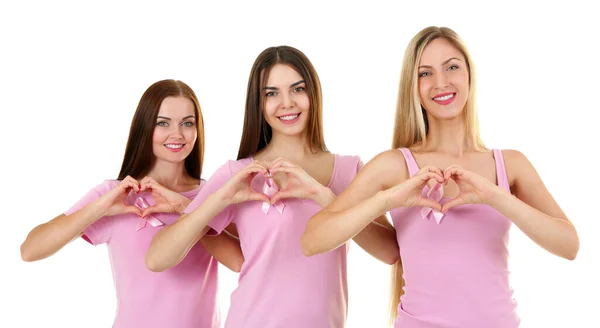 Красивые Молодые Женщины Розовых Рубашках Белом Фоне Концепция Рака Молочной — стоковое фото