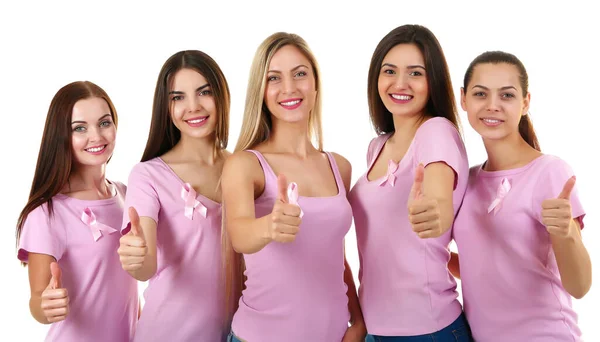 Hermosas Mujeres Jóvenes Camisas Rosadas Sobre Fondo Blanco Concepto Cáncer — Foto de Stock