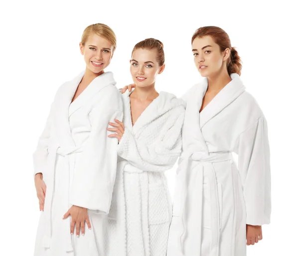Tres Hermosas Mujeres Batas Aisladas Blanco —  Fotos de Stock