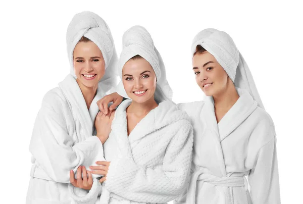 Trois Belles Femmes Robes Chambre Isolées Sur Blanc — Photo