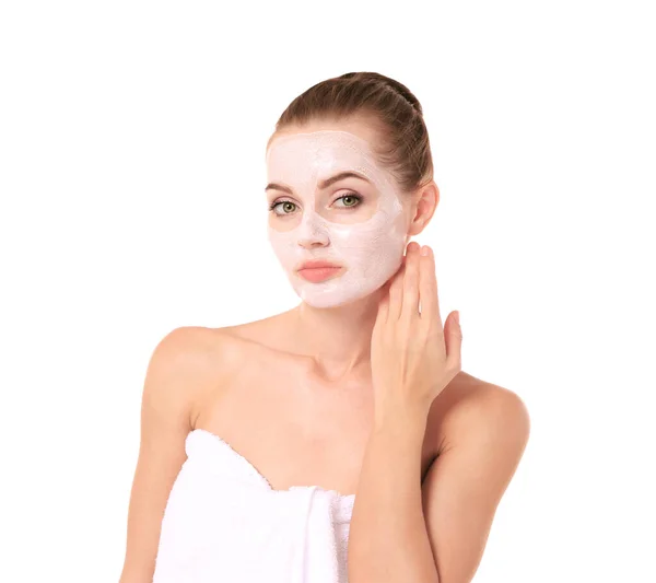 Joven Hermosa Mujer Con Máscara Facial Aislado Blanco — Foto de Stock