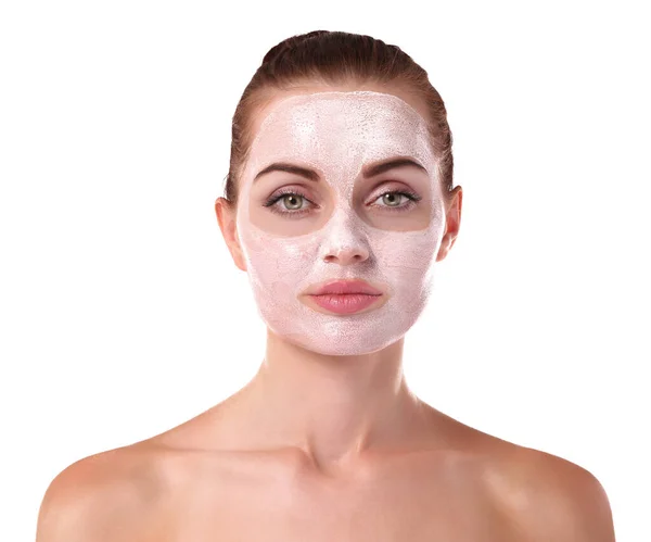 Ung Vacker Kvinna Med Ansiktsmask Isolerad Vitt — Stockfoto