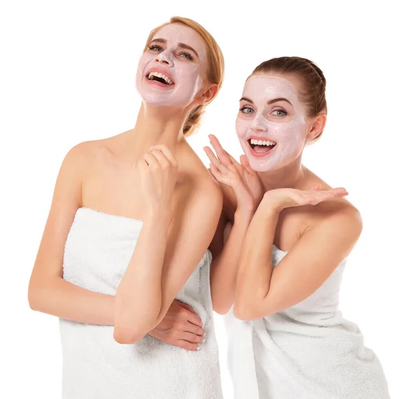 Two Beautiful Women Wrapped Towels Isolated White — Stock Photo, Image