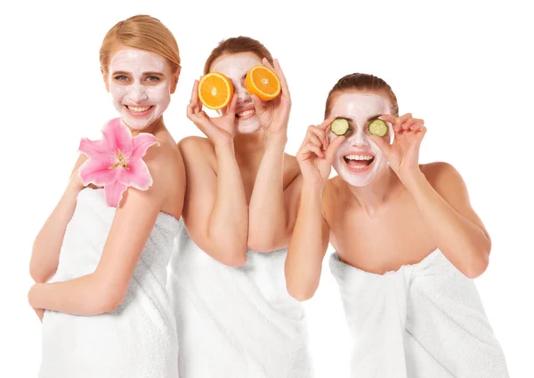 Three Beautiful Women Wrapped Towels Isolated White — Stock Photo, Image