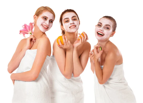 Three Beautiful Women Wrapped Towels Isolated White — Stock Photo, Image