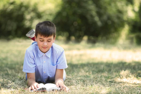 Netter Junge Liest Buch Auf Grünem Gras — Stockfoto