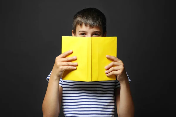 Bonito Menino Leitura Livro Cinza Fundo — Fotografia de Stock