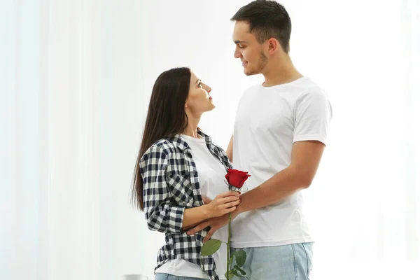 Happy Couple Red Rose Home — Stock Photo, Image