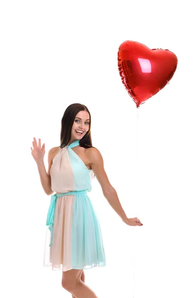 Mooi Meisje Holding Rood Hart Ballon Witte Achtergrond — Stockfoto