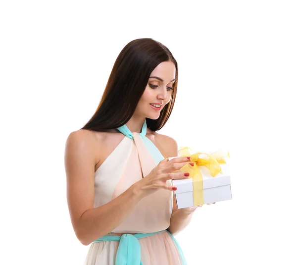 Girl Holding Gift Box White Background — Stock Photo, Image