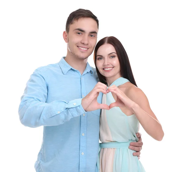 Pareja Feliz Cogida Mano Forma Corazón Sobre Fondo Blanco —  Fotos de Stock