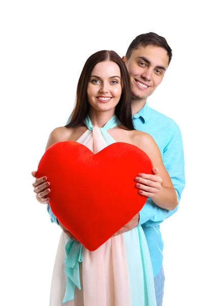 Beyaz Arka Planda Kırmızı Kalpli Mutlu Çift — Stok fotoğraf