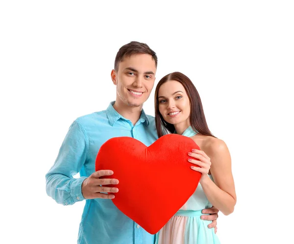 Casal Feliz Com Coração Vermelho Fundo Branco — Fotografia de Stock