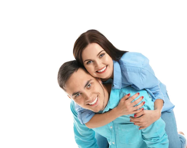 Glückliches Paar Hat Spaß Auf Weißem Hintergrund — Stockfoto
