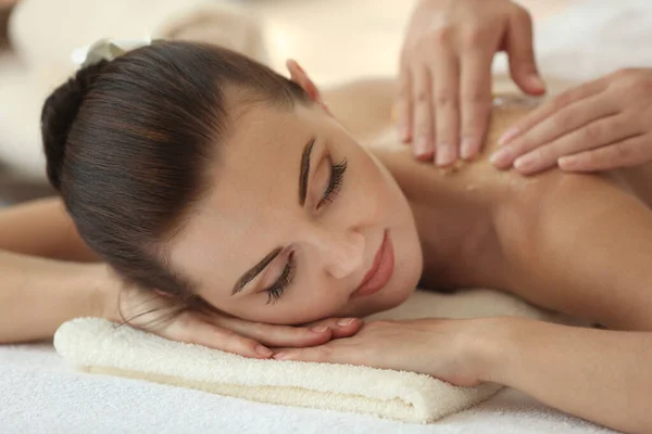 Spa Concept Hands Massaging Female Back Scrub — Stock Photo, Image