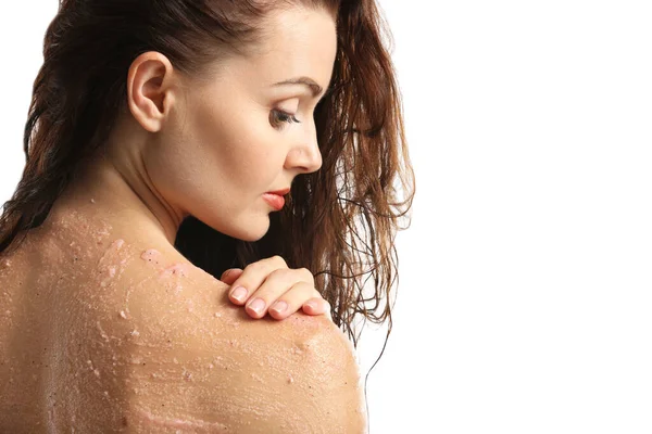 Young Woman Applying Scrub Shoulder White Background — Stock Photo, Image