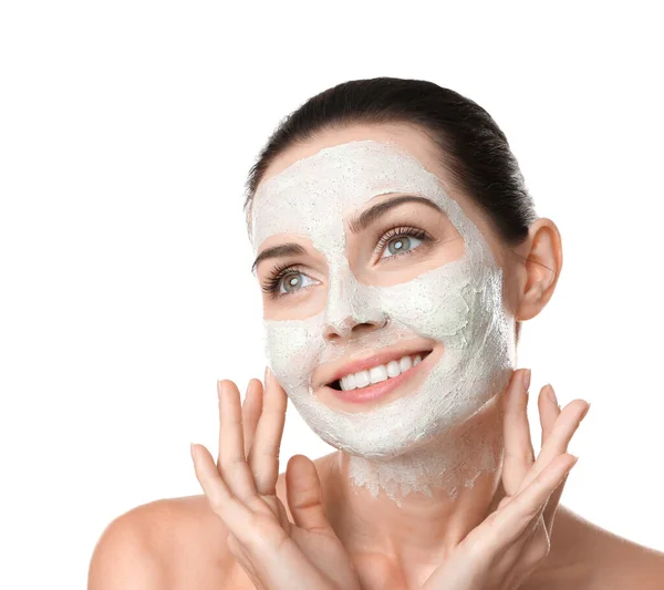 Beautiful Young Woman Applying Scrub Mask Face Closeup — Stock Photo, Image