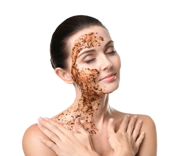 Beautiful Young Woman Facial Scrub Mask White Background — Stock Photo, Image