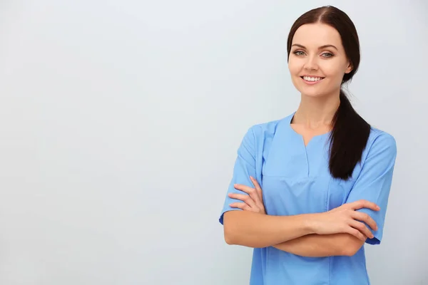 Smiling Female Doctor Light Background — Stock Photo, Image