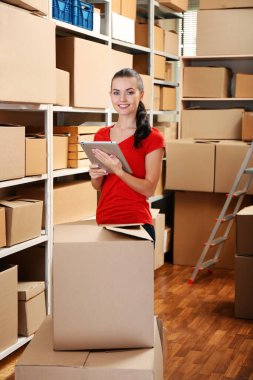 Young businesswoman with tablet at warehouse clipart
