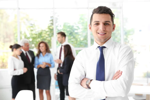 Business Training Concept Portrait Young Man Standing Office — Stock Photo, Image