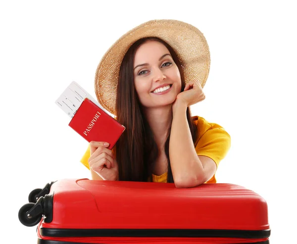 Junge Frau Mit Rotem Koffer Und Ticket Auf Weißem Hintergrund — Stockfoto