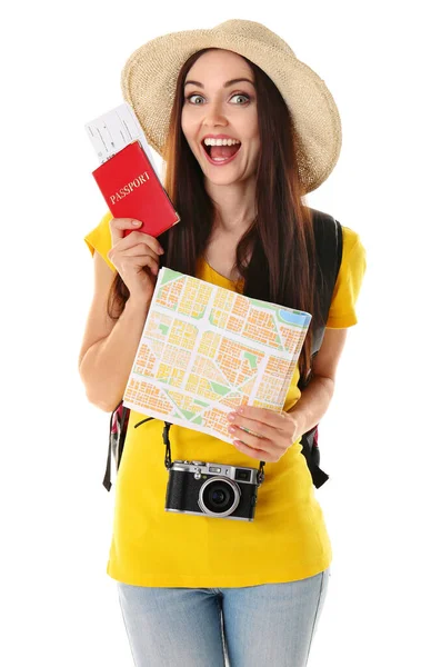 Young Woman Map White Background — Stock Photo, Image