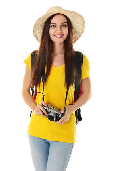 Jonge Vrouw Met Camera Witte Achtergrond — Stockfoto