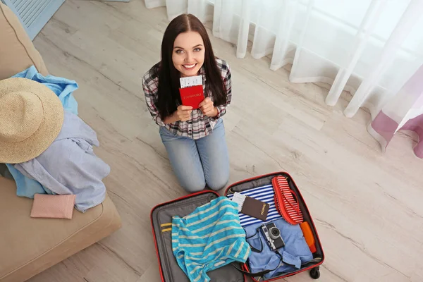 Young Woman Passport Sitting Suitcase Room Top View — Stock Photo, Image