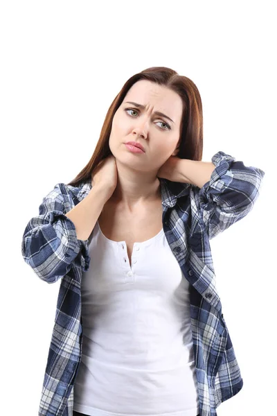 Young Woman Suffering Pain Neck White Background — Stock Photo, Image