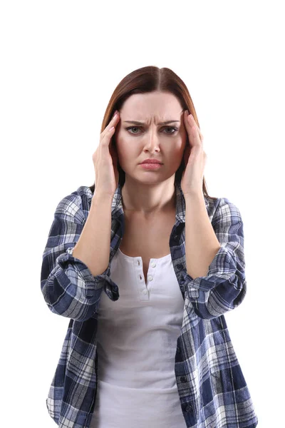 Young Woman Suffering Headache White Background — Stock Photo, Image