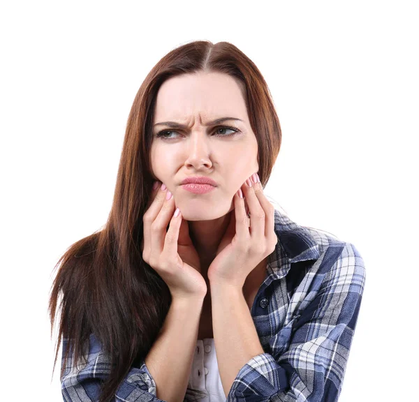 Young Woman Suffering Toothache White Background — Stock Photo, Image