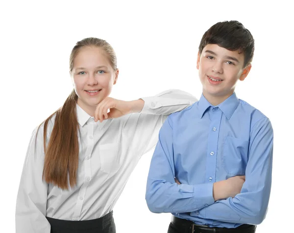 Cute Boy Girl School Uniform Standing White Background — Stock Photo, Image