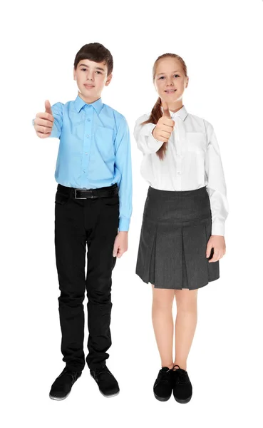 Lindo Chico Chica Uniforme Escolar Pie Sobre Fondo Blanco — Foto de Stock