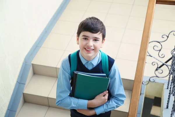 Cute Boy School Uniform Standing Stairs — Stock Photo, Image
