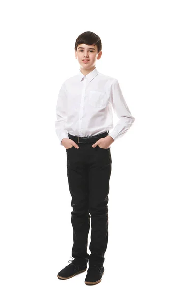 Netter Junge Schuluniform Auf Weißem Hintergrund — Stockfoto