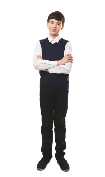 Bonito Menino Escola Uniforme Branco Fundo — Fotografia de Stock