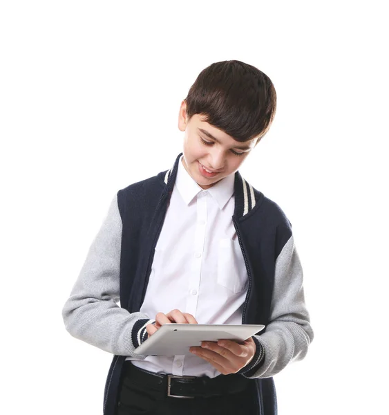 Bonito Menino Escola Uniforme Branco Fundo — Fotografia de Stock