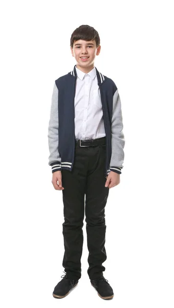 Bonito Menino Escola Uniforme Branco Fundo — Fotografia de Stock