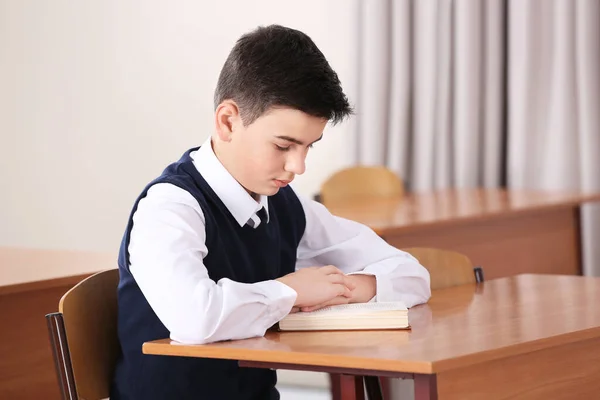 Incorrect Posture Concept Schoolboy Sitting Desk Classroom — Stock Photo, Image