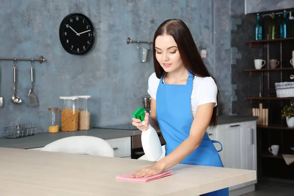 Beautiful Woman Cleaning Table Home — Stock Photo, Image